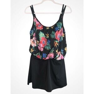 Inches Away Black With Multicolor Tropical Floral Print Swim Dress Size 12